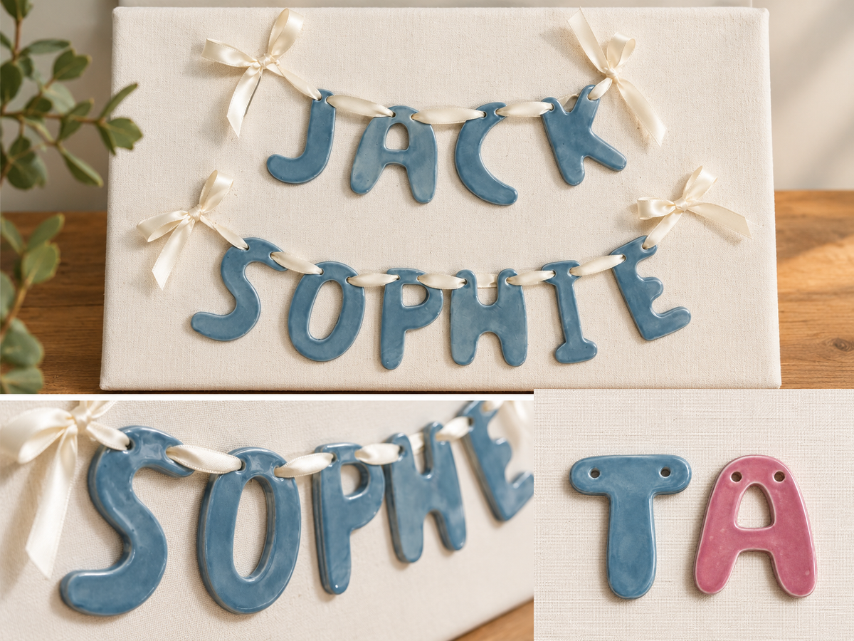 JACK and SOPHIE ceramic name garlands on ribbon, with corrected upright T and A letter detail