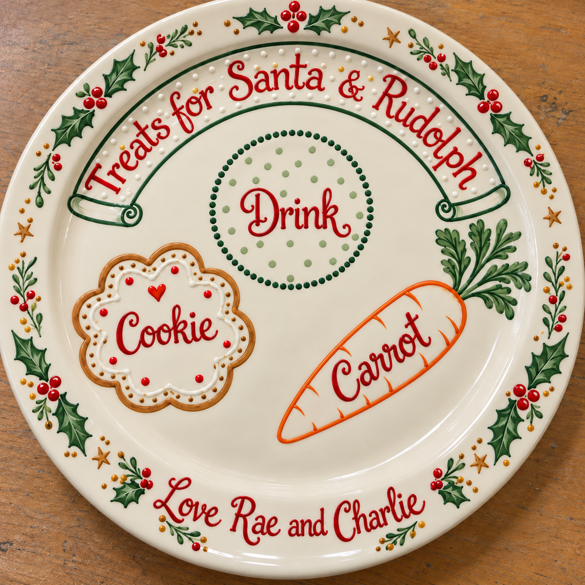 Personalised Santa and Rudolph Christmas Eve ceramic treat plate – AI design preview, not a finished product photo