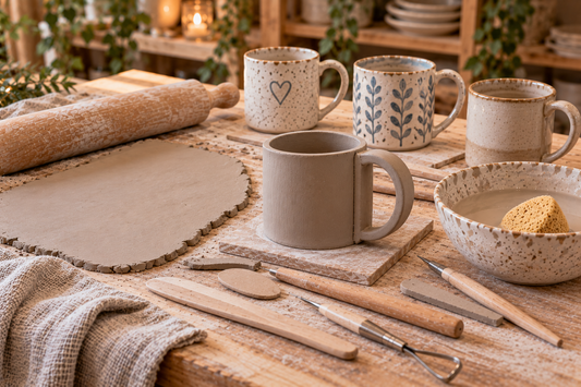 Make a Mug hand-building pottery workshop with clay, rolling pin and tools at Mhairi Connor Designs in Linlithgow