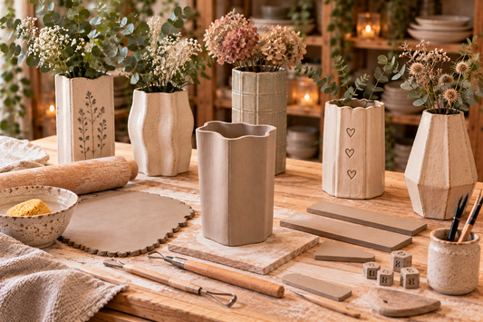 Slab-built vase pottery workshop with clay, tools and handmade vase ideas at Mhairi Connor Designs in Linlithgow