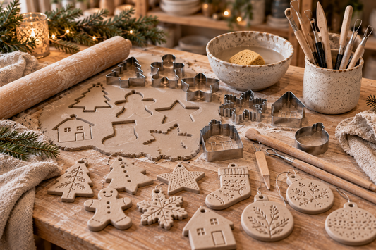 Christmas pottery decorations workshop with clay, festive cutters and hand-building tools in Linlithgow