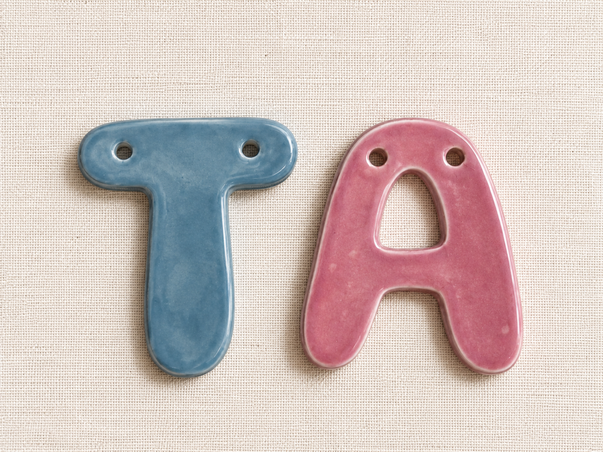 Upright handmade ceramic letter T in blue and A in pink, close-up of hanging holes and colourful glaze