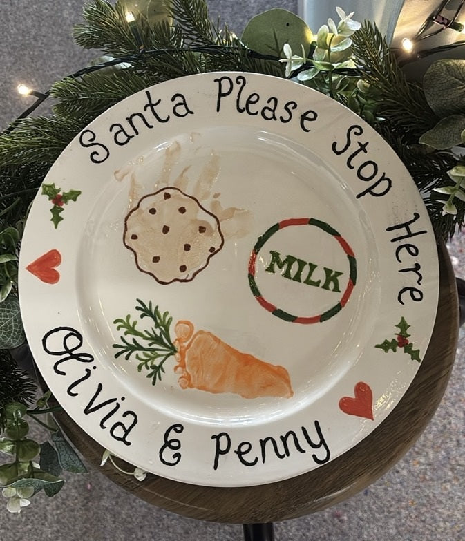 Earlier hand-painted Christmas Eve treat plate with cookie, carrot and milk, personalised for Olivia and Penny