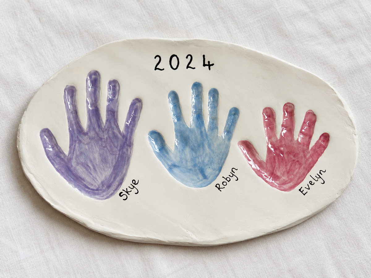 Bespoke upgraded larger three-handprint clay keepsake plaque with hand impressions for Skye Robyn and Evelyn, 2024